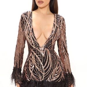 Black and Gold Sequin Dress with Feather Trim
